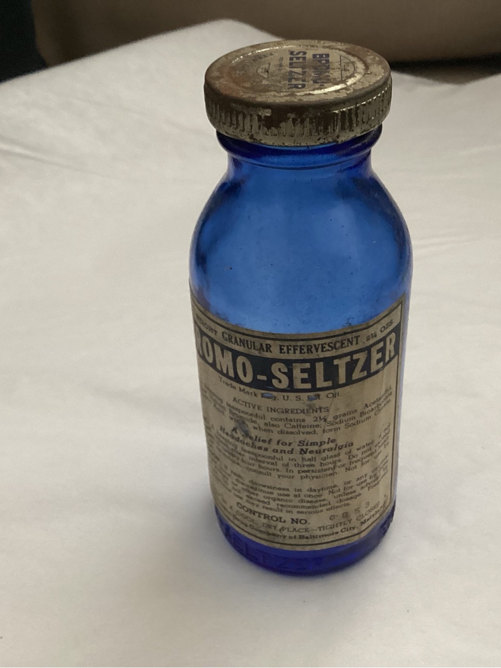 Ant. Bromo Seltzer Cobalt Blue Bottle 1915-1921 based on the label.